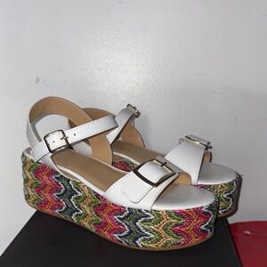 Women’s Lottini White Platform Sandals with Multicolor Woven Sole size 38